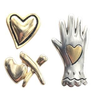 Heart Love Pins Lot 3 Gold Tone Kiss Hands Romantic Brooch